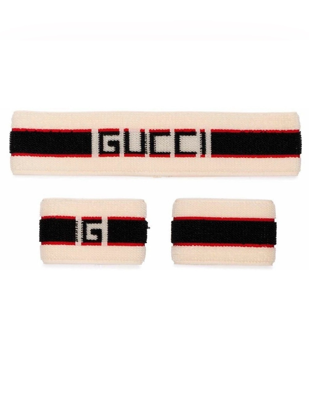 Authentic Gucci Logo Stripe Web Elastic Headband and Wrist Cuffs Set